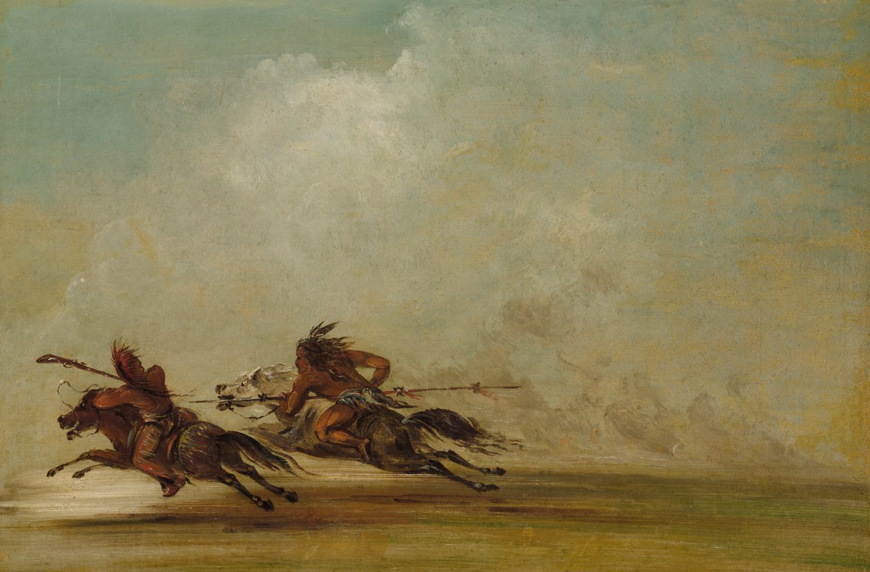 Comanche योद्धा एक ओसेज, पूर्ण गति पर लांसिंग, 1837-1839। द्वारा जॉर्ज कैटलिन