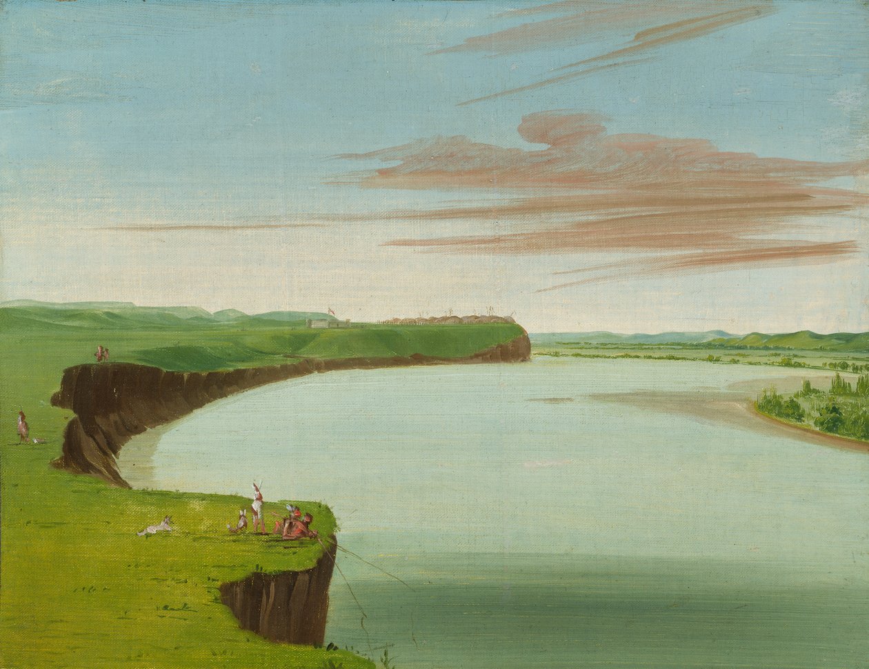 मंडन गांव का दूर का दृश्य, 1832। द्वारा जॉर्ज कैटलिन