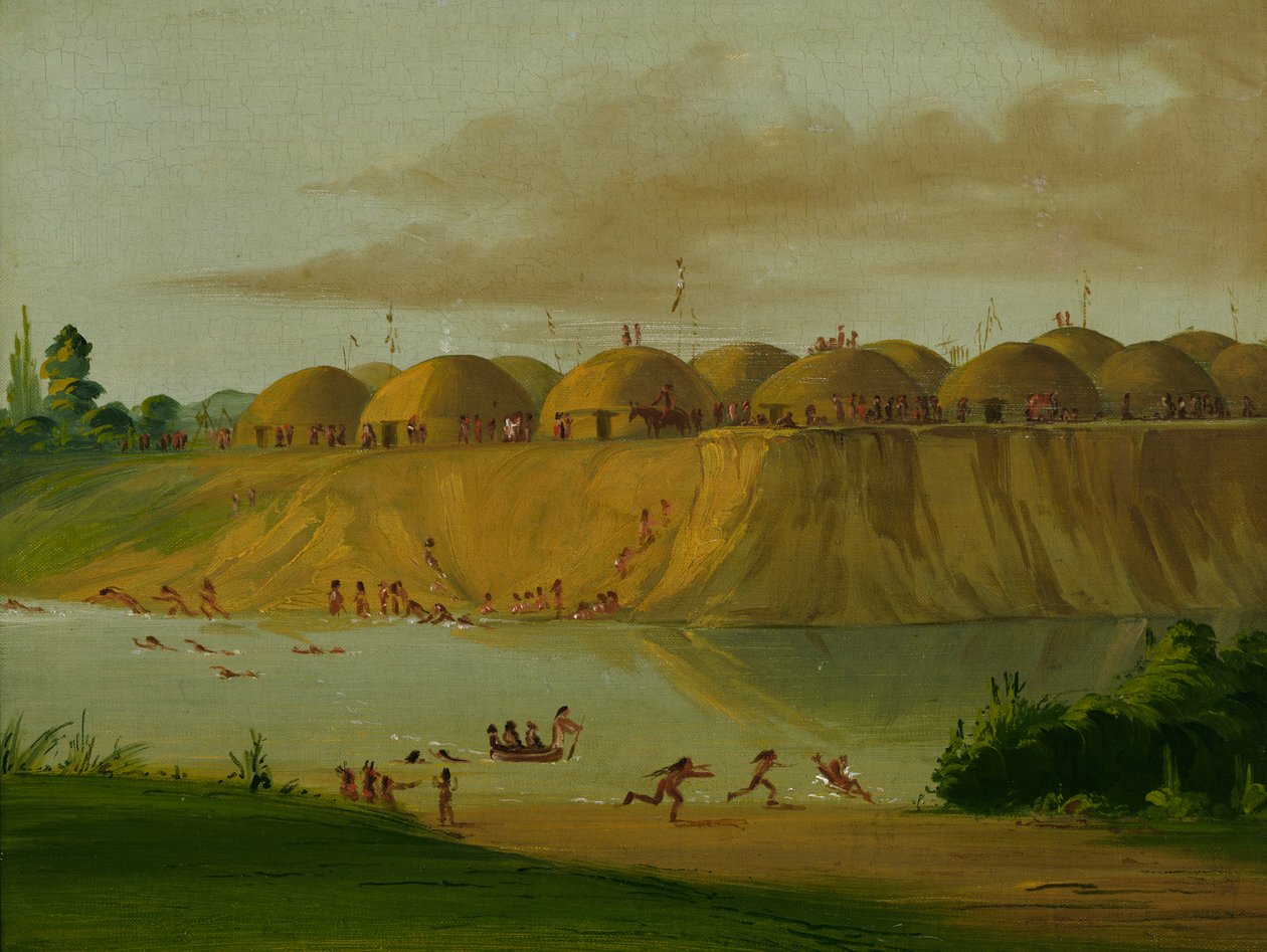 हिदत्सा गांव, पृथ्वी से ढके हुए लॉज, नाइफ नदी पर, सेंट लुइस से 1810 मील ऊपर, 1832। द्वारा जॉर्ज कैटलिन