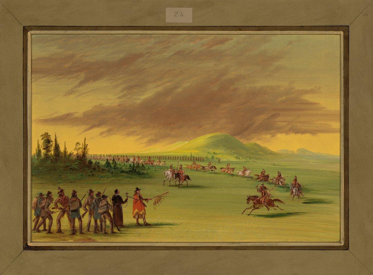ला सल्ले ने टेक्सास प्रेयरी पर 25 अप्रैल 1686, 1847-48 में सेनिस भारतीयों की युद्ध पार्टी बनाई। द्वारा जॉर्ज कैटलिन