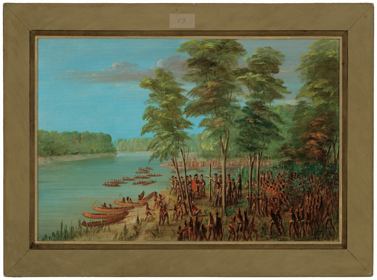 ला सैले अर्कांसस के मुहाने पर भूमि का कब्ज़ा ले रहा है। 10 मार्च, 1682 द्वारा जॉर्ज कैटलिन