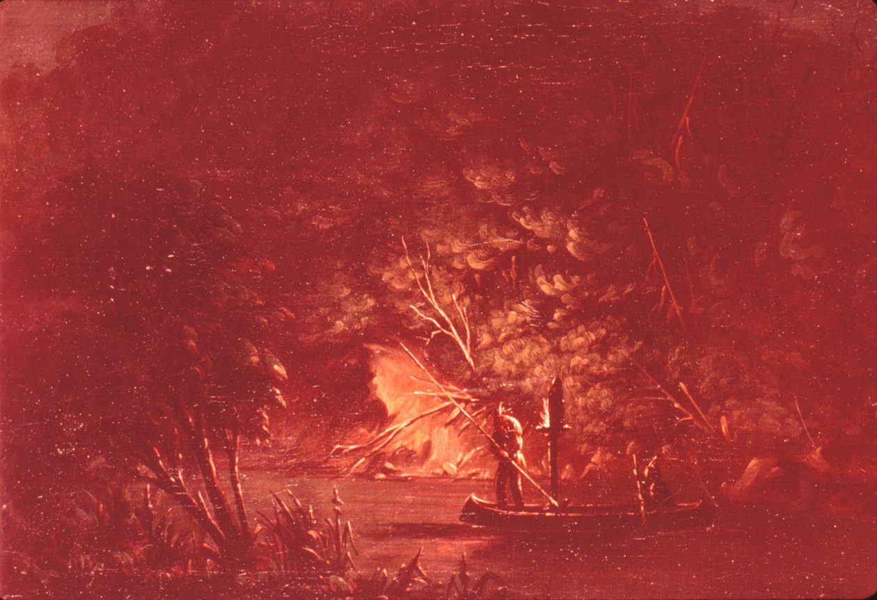टॉर्चलाइट द्वारा ओजिब्वे स्पीयरिंग सैल्मन, 1846-1848। द्वारा जॉर्ज कैटलिन