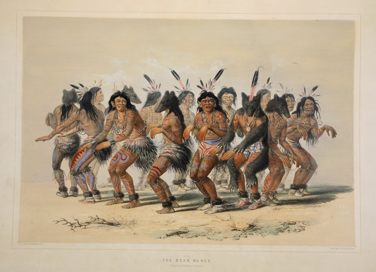 भालू नृत्य, पब। 1845 रंग लिथोग्राफ। द्वारा जॉर्ज कैटलिन