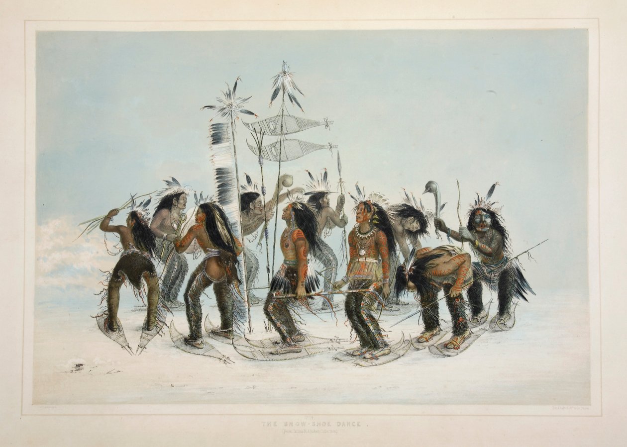 द स्नो शू डांस, पब। 1845 रंग लिथोग्राफ। द्वारा जॉर्ज कैटलिन
