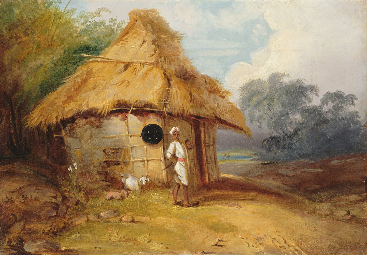 दक्षिणी भारत में देखें, एक योद्धा अपनी झोपड़ी के बाहर, c.1815 द्वारा जॉर्ज चिन्नारी