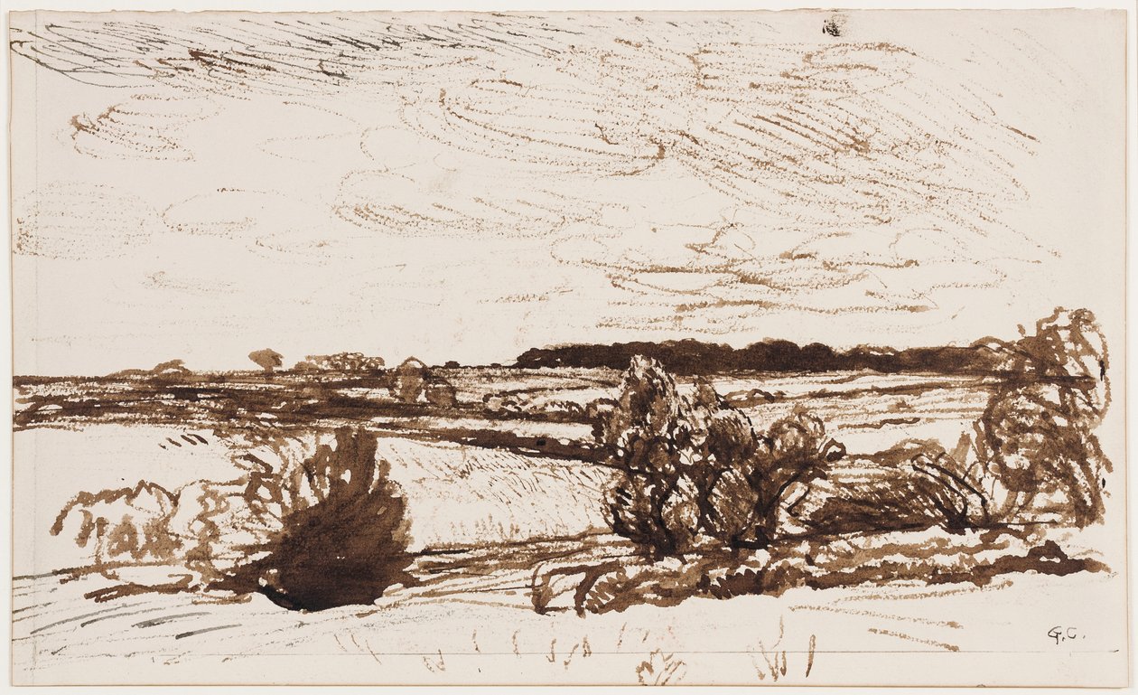 Windblown लैंडस्केप (कलम, ब्रश और कागज पर सेपिया स्याही) द्वारा जॉर्ज क्लॉसन
