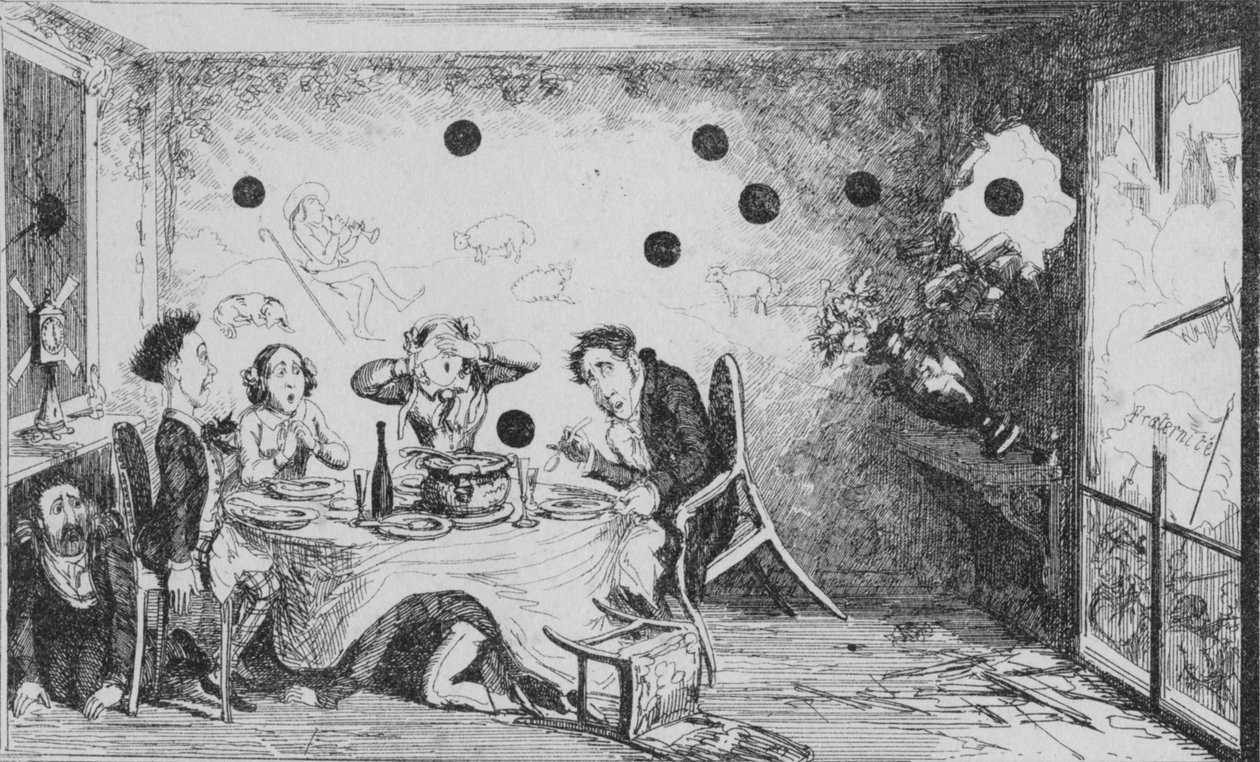 पेरिस में एक बाधित अंग्रेजी डिनर पार्टी, c1849। द्वारा जॉर्ज क्रूइशांक