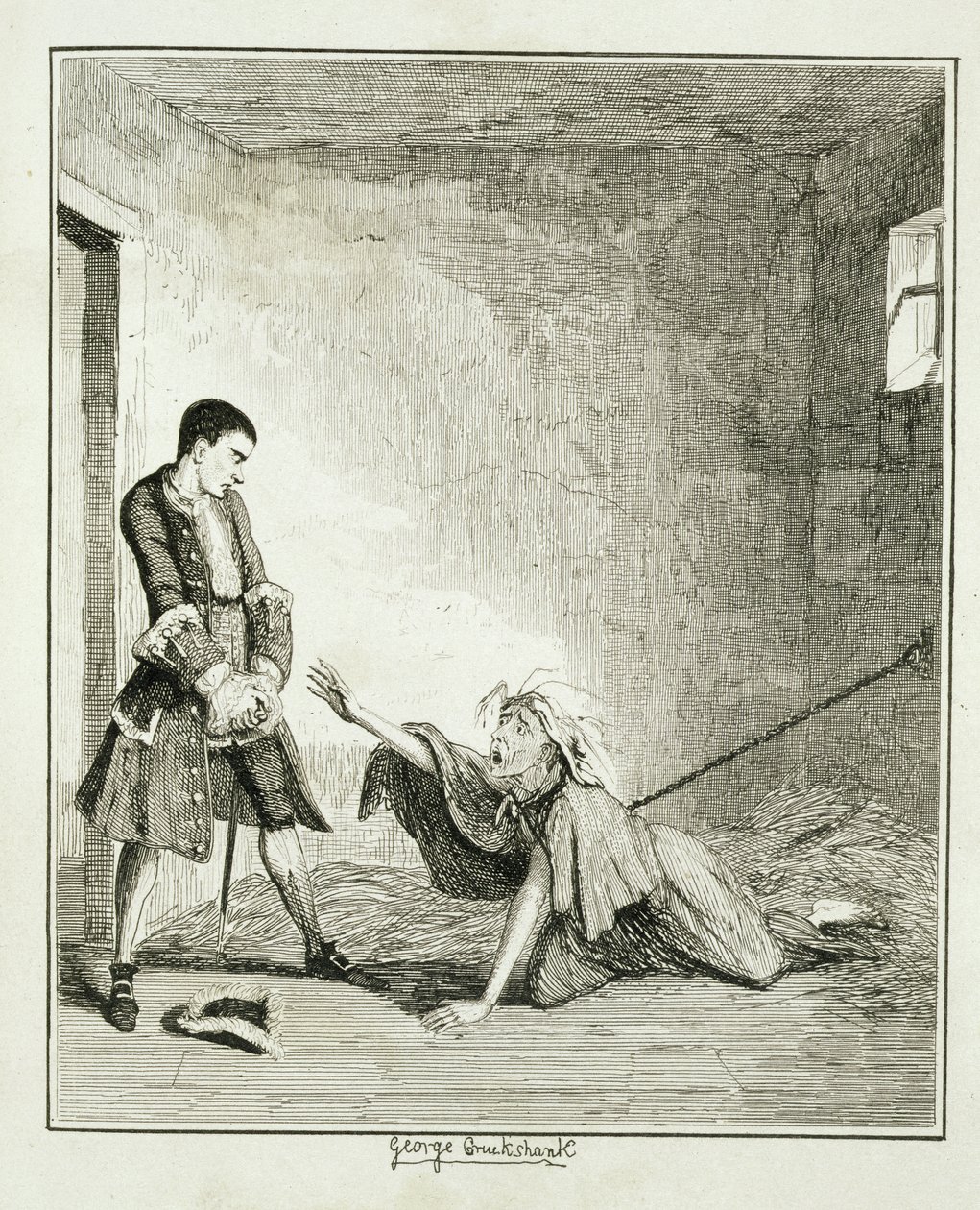 जैक ने बेथलेहम अस्पताल, लंदन में अपनी मां से मुलाक़ात की, विलियम हैरिसन ऐन्सवर्थ द्वारा प्रकाशित &39;जैक शेपर्ड: ए रोमांस&39;, 1839 से प्रकाशित द्वारा जॉर्ज क्रूइशांक