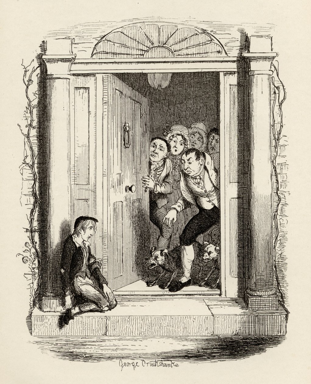 चार्ल्स डिकेंस (1812-70) 1838 के &39;द एडवेंचर्स ऑफ ओलिवर ट्विस्ट&39; से मिसेज मेयली के दरवाजे पर ओलिवर ट्विस्ट, 1901 में चैपमैन und हॉल द्वारा प्रकाशित द्वारा जॉर्ज क्रूइशांक
