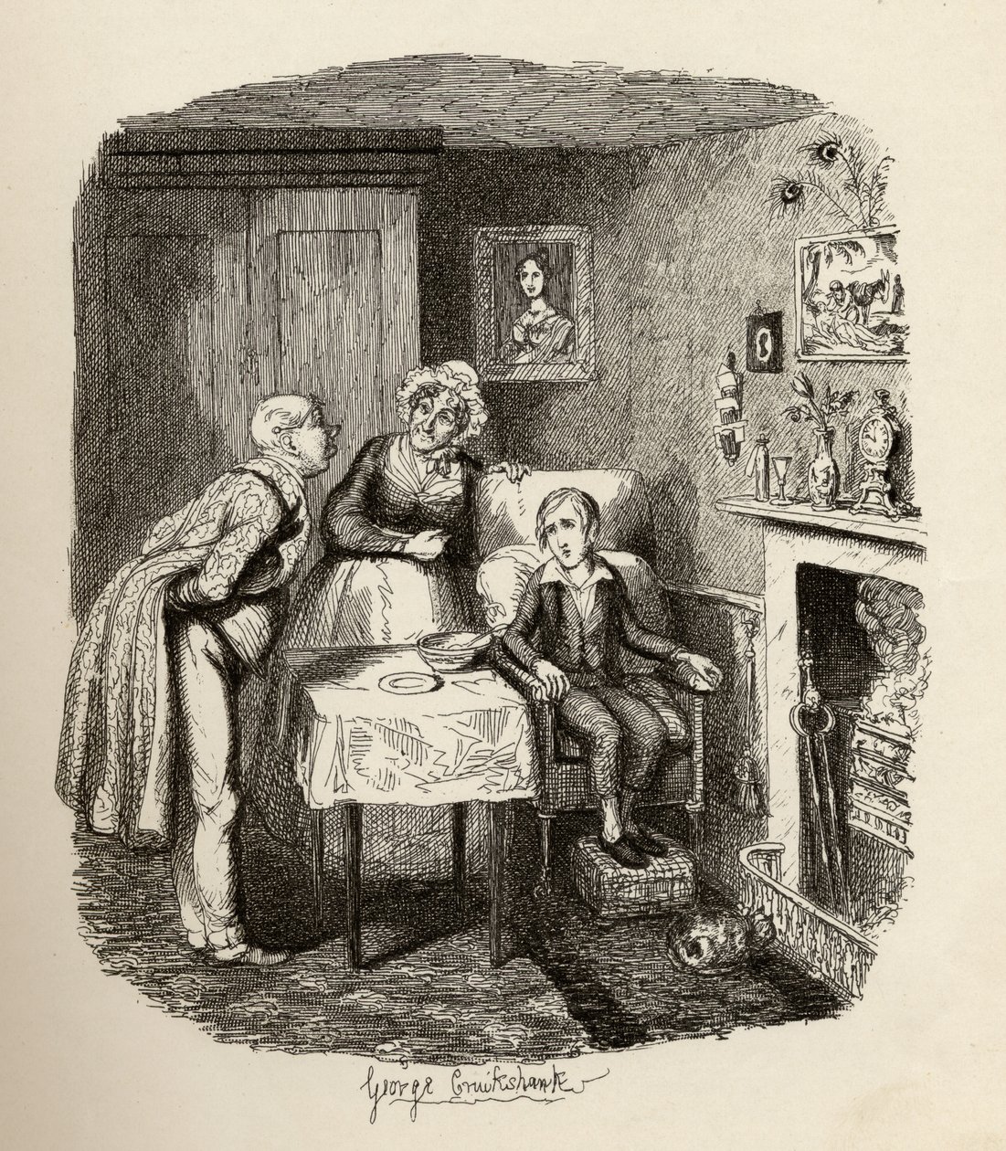 चार्ल्स डिकेंस (1812-70) 1838 के &39;द एडवेंचर्स ऑफ ओलिवर ट्विस्ट&39; से, बुखार से उबरने वाला ओलिवर, 1901 में चैपमैन und हॉल द्वारा प्रकाशित द्वारा जॉर्ज क्रूइशांक