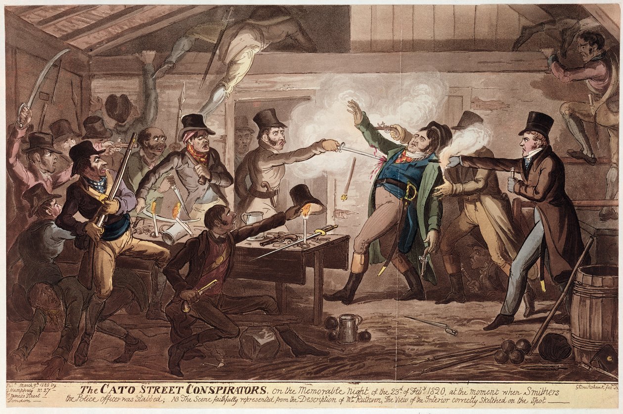 काटो स्ट्रीट Conspirators, पब। जी। हम्फ्रे द्वारा, 9 मार्च 1820 (रंगीन लिथो) द्वारा जॉर्ज क्रूइशांक