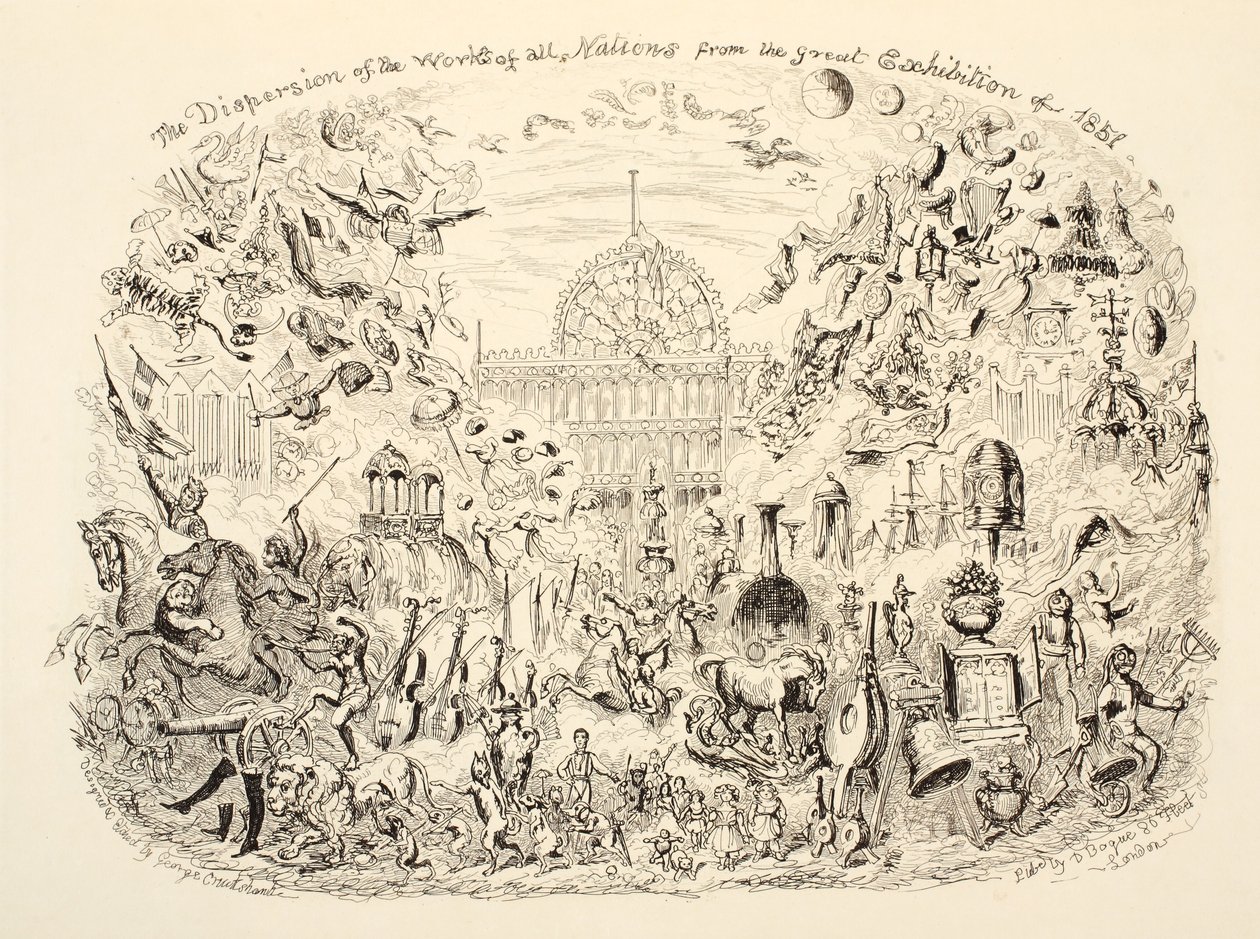 1851 के महान प्रदर्शन से पब ऑफ ऑल नेशंस का फैलाव। 1851 द्वारा जॉर्ज क्रूइशांक