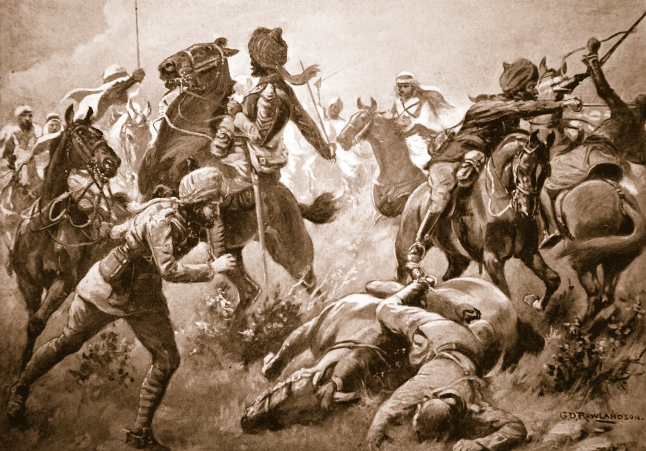 रिसालदार संता सिंह, दफादार बिश्म सिंह और सोवर बुडा सिंह ने कैप्टन विलॉबी की सहायता के लिए अरबों के रैंक को तोड़ दिया द्वारा जॉर्ज डर्विले रॉलैंडसन