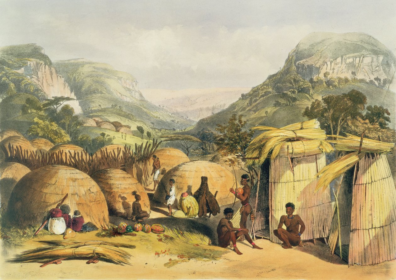 Inanda Kraal, Natal, द काफिर इलस्ट्रेटेड, 1849 से प्लेट 25 द्वारा जॉर्ज फ्रेंच एंगस