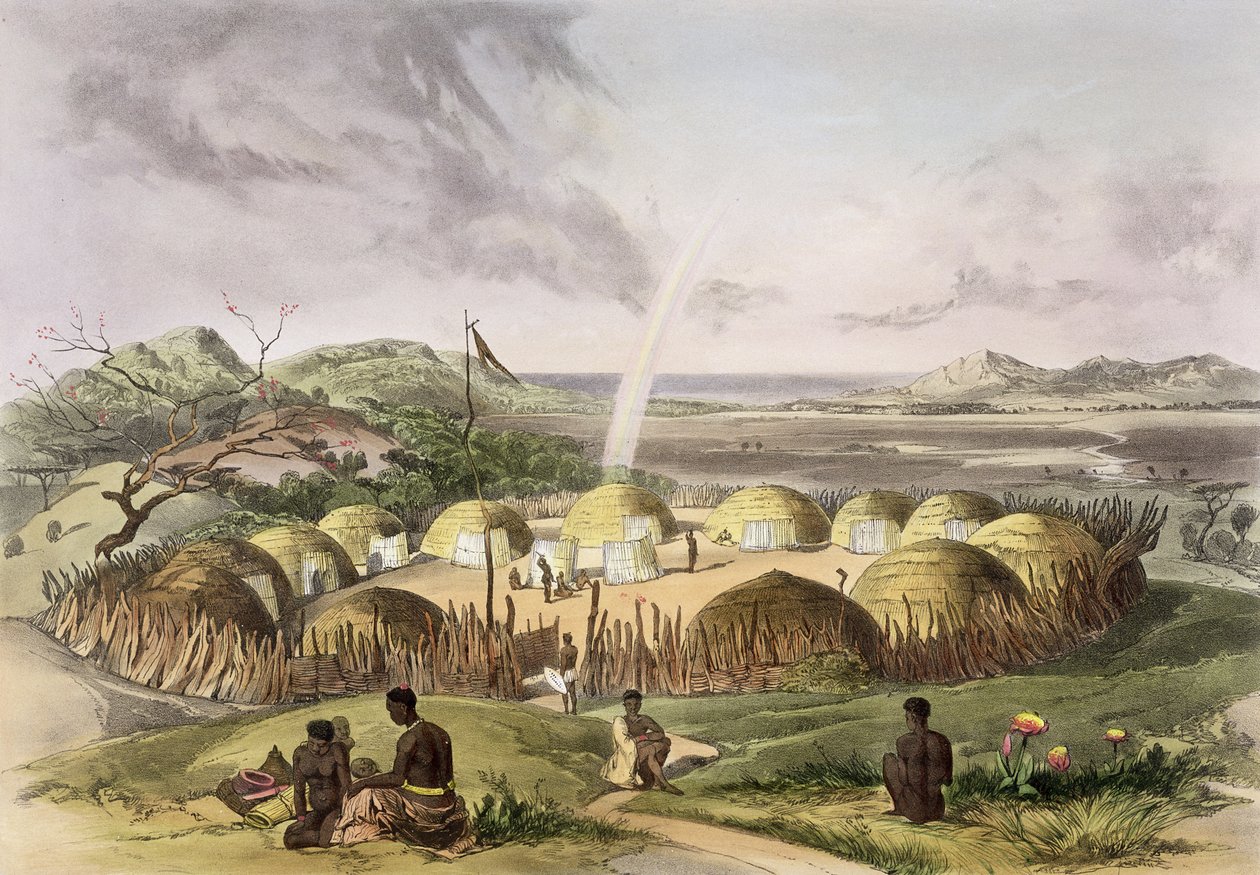 उलमाज़ी, नटाल के पास ज़ुलु क्राल, 1849 में &39;द काफिर इलस्ट्रेटेड&39; से प्लेट 27 द्वारा जॉर्ज फ्रेंच एंगस