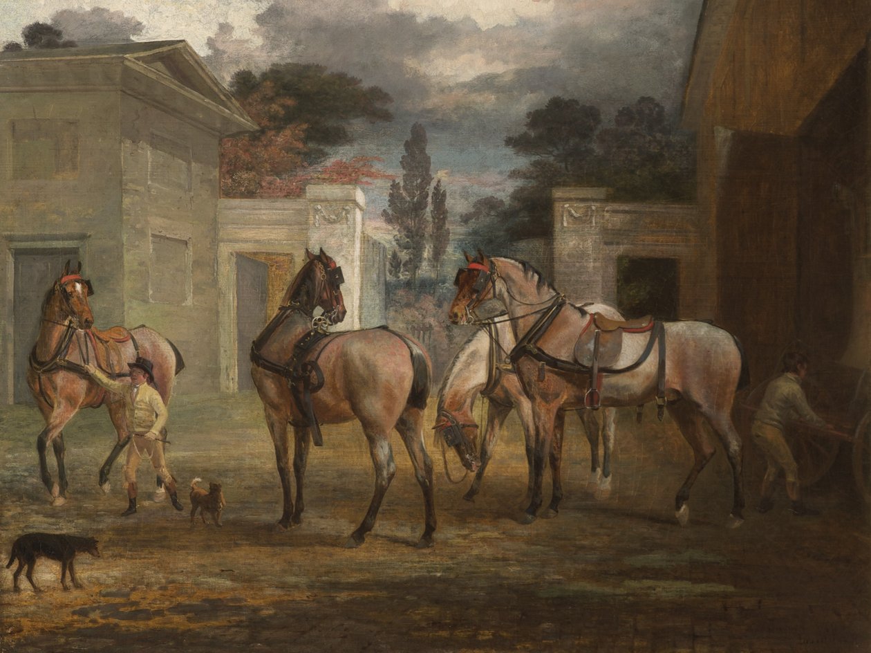 फोर रॉन कोच हॉर्स विथ टू ग्रूम, 1792 द्वारा जॉर्ज गैरार्ड