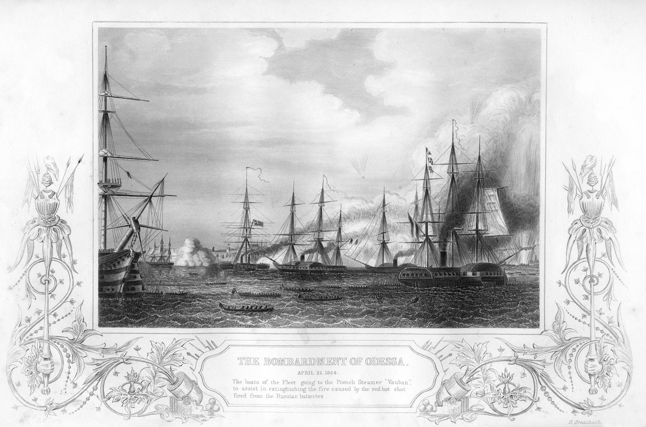 क्रीमिया युद्ध, 1854 1857 के दौरान, ओडेसा, यूक्रेन की बमबारी। द्वारा जॉर्ज ग्रेटबैच