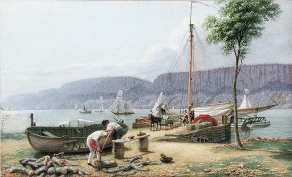 दोपहर - हेस्टिंग्स लैंडिंग। छाया, न्यूयॉर्क में पलिसडे रॉक्स, c.1836 (कागज पर जल रंग, गौचे और ग्रेफाइट) द्वारा जॉर्ज हार्वे