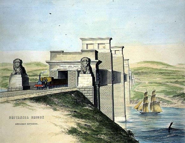 ब्रिटानिया ब्रिज, एंग्लिसी एंट्रेंस, कलाकार, पब द्वारा उकेरा गया। 1849 (कलर लिथो) (b&w के लिए 109679 देखें) द्वारा जॉर्ज हॉकिन्स