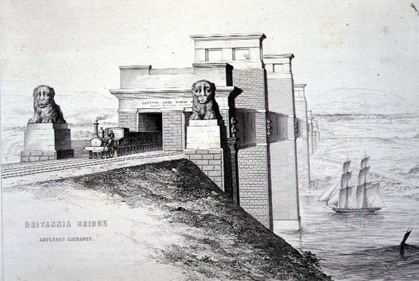 ब्रिटानिया ब्रिज, एंग्लिसी एंट्रेंस, कलाकार, पब द्वारा उकेरा गया। 1849 (लिथो) (रंग के लिए 122445 देखें) द्वारा जॉर्ज हॉकिन्स