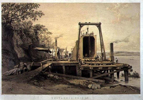 ब्रिटानिया ब्रिज, प्लेटफॉर्म और ट्यूबों का निर्माण, सितंबर 1848, कलाकार, पब द्वारा उकेरा गया। 1849 (लिथो) द्वारा जॉर्ज हॉकिन्स