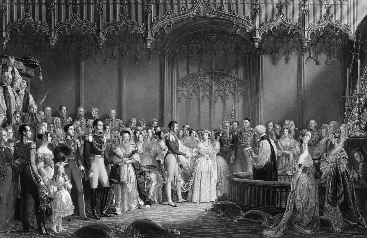 10 फरवरी 1840 को सेंट जेम्स पैलेस में क्वीन विक्टोरिया (1819-1901) और प्रिंस अल्बर्ट (1819-61) का विवाह, चार्ल्स ईडन वागस्टाफ, 1840 द्वारा जॉर्ज हैटर