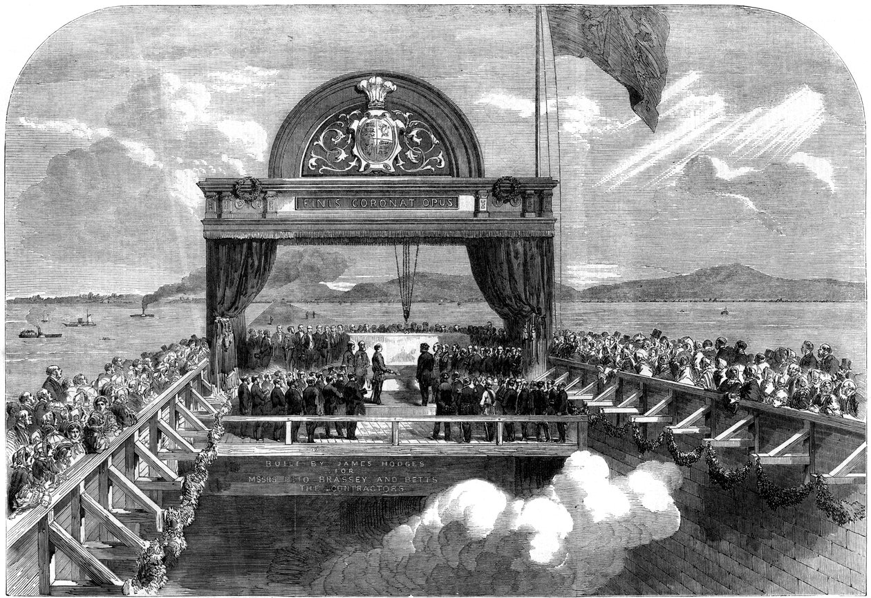 1860 में सेंट लॉरेंस नदी के ऊपर विक्टोरिया ब्रिज का आखिरी पत्थर बिछाता प्रिंस ऑफ वेल्स। द्वारा जॉर्ज हेनरी एंड्रयूज