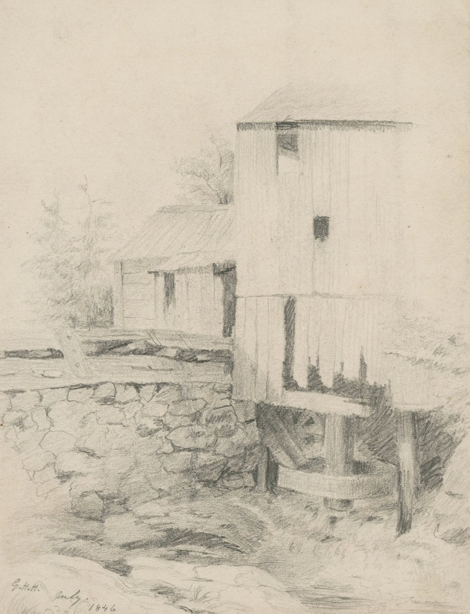 ओल्ड मिल, 1846 (बफ़र वोव पेपर पर ग्रेफाइट) द्वारा जॉर्ज हेनरी हॉल