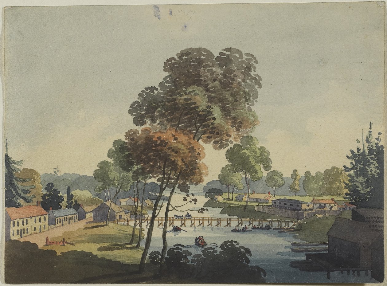 नियाग्रा के झरने के पास चिप्पवा गाँव, c.1801 (wow पेपर पर wc) द्वारा जॉर्ज हेरियट