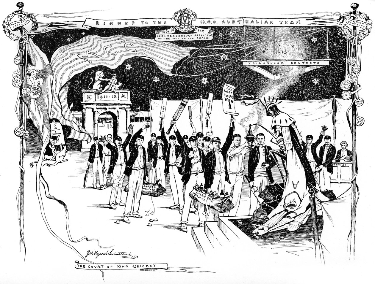 मेनू कार्ड डिजाइन के लिए एक क्रिकेट थीम, 1911 1912। द्वारा जॉर्ज हिलियार्ड स्विनस्टेड