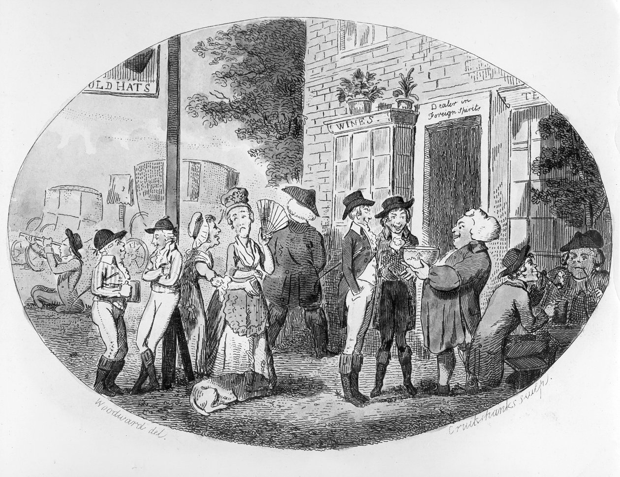 आइजैक क्रूइशांक द्वारा उत्कीर्ण ओल्ड हैट्स टैवर्न के बाहर, 1796 द्वारा जॉर्ज माउटर्ड वुडवर्ड