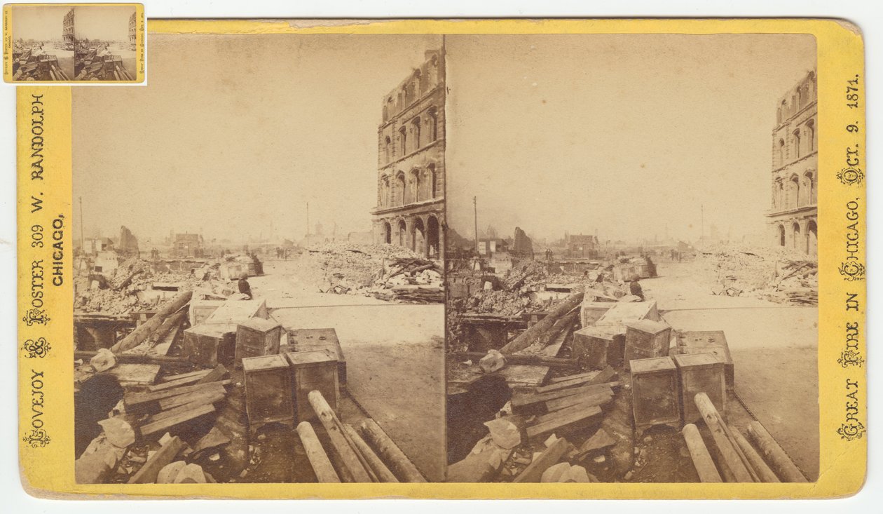 1871 की शिकागो फायर के बाद डियरबॉर्न स्ट्रीट पर खंडहरों से ली गई तिजोरियों की स्टेरोग्राफ, (कार्ड माउंट पर बीडब्ल्यू फोटो) द्वारा जॉर्ज एन। बरनार्ड