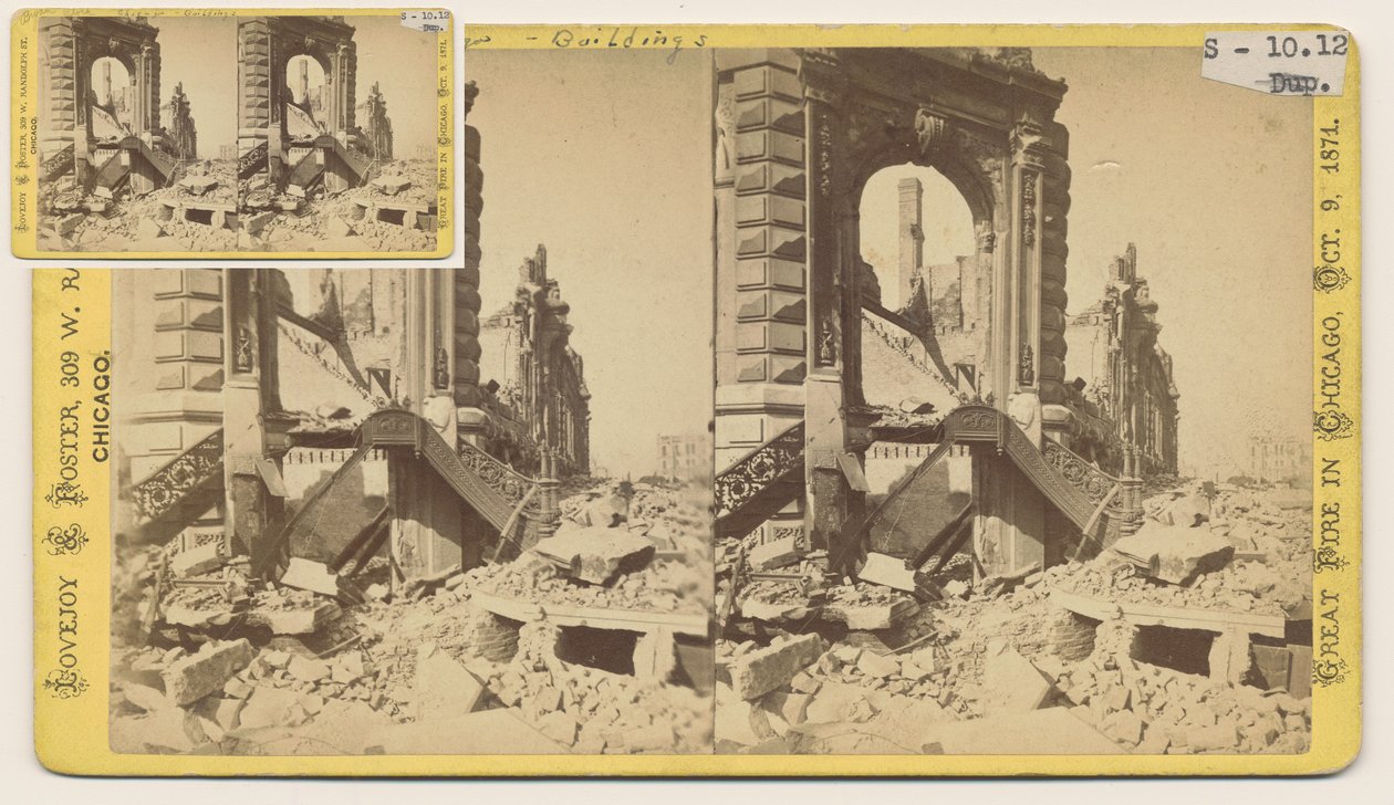 1871 के शिकागो फायर के बाद मोनरो और लासेल गलियों के उत्तर-पश्चिमी कोने में ब्रायन ब्लॉक की स्टिरोग्राफ द्वारा जॉर्ज एन। बरनार्ड