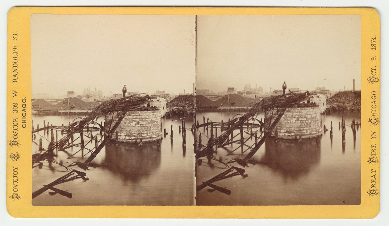 1871, 1871 की शिकागो फायर के बाद वैन बुरेन स्ट्रीट पुल की स्टेरोग्राफ (कार्ड माउंट पर बीडब्ल्यू फोटो) द्वारा जॉर्ज एन। बरनार्ड