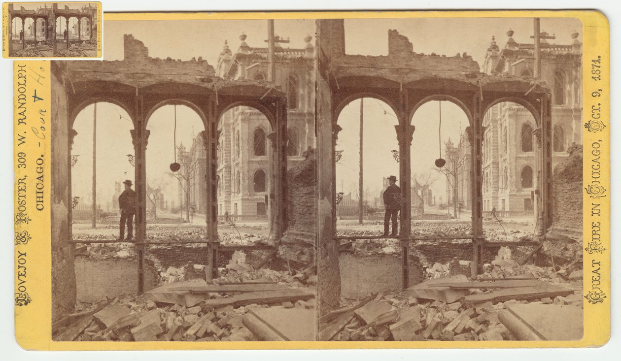 1871 की शिकागो फायर के बाद क्लार्क स्ट्रीट के पूर्व की ओर खंडहर के माध्यम से देखे जाने वाले आंगन की स्टिरोग्राफ द्वारा जॉर्ज एन। बरनार्ड
