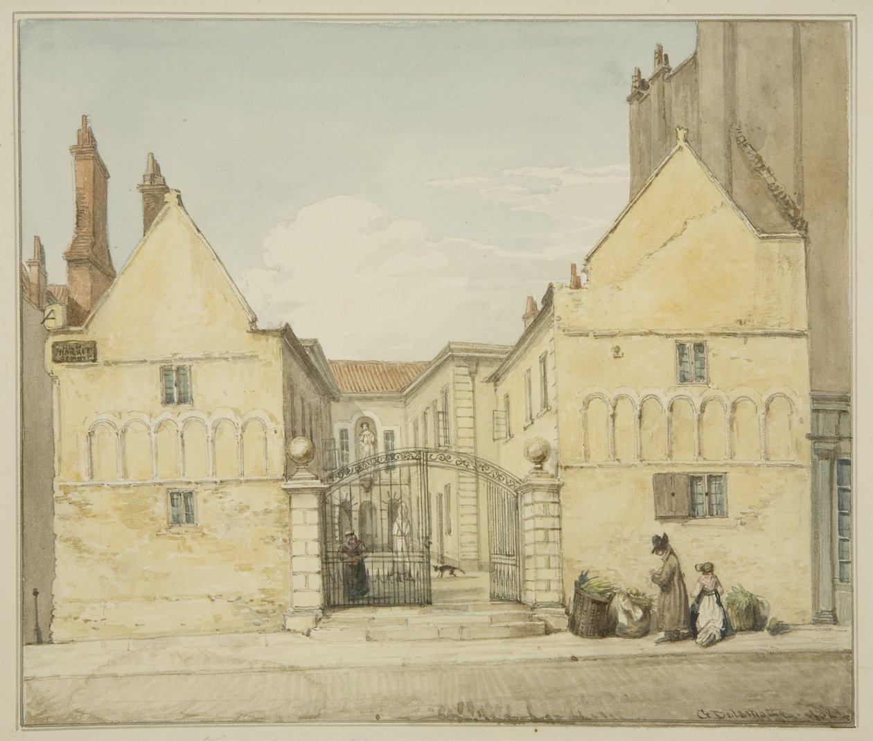 Barstaple's Almshouses, ट्रिनिटी अस्पताल, पुराना बाज़ार (कागज पर पेंसिल और पानी के रंग का) द्वारा जॉर्ज ऑरलियन्स डेलमोट्टे