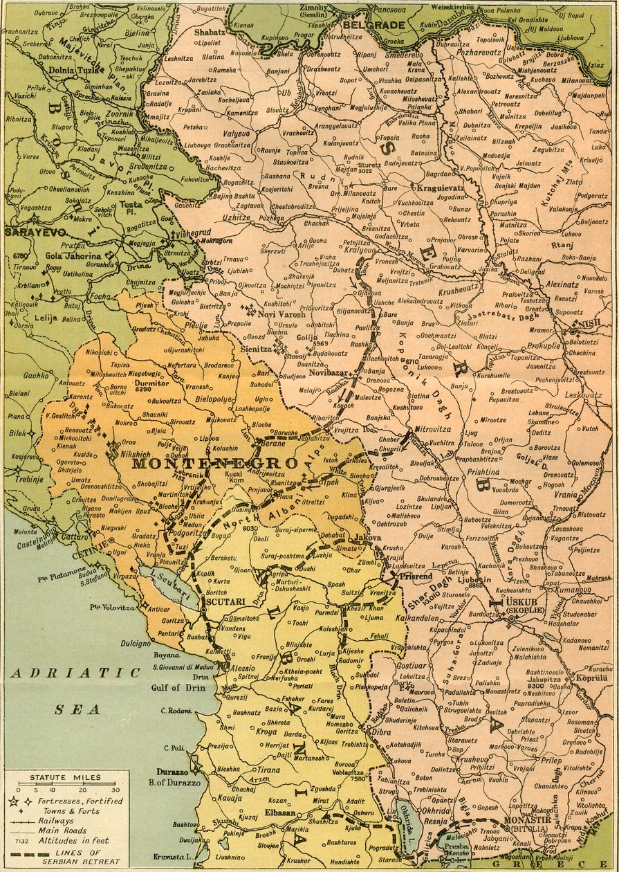 मानचित्र को सर्बियाई रिट्रीट का चित्रण करने के लिए, 1919। द्वारा जॉर्ज फिलिप एंड सन लिमिटेड