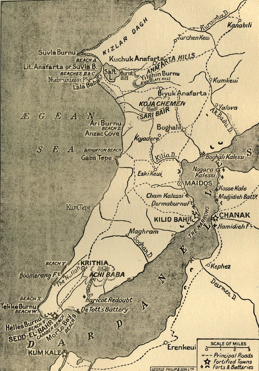 गैलीपोली प्रायद्वीप का मानचित्र, 1919। द्वारा जॉर्ज फिलिप एंड सन लिमिटेड