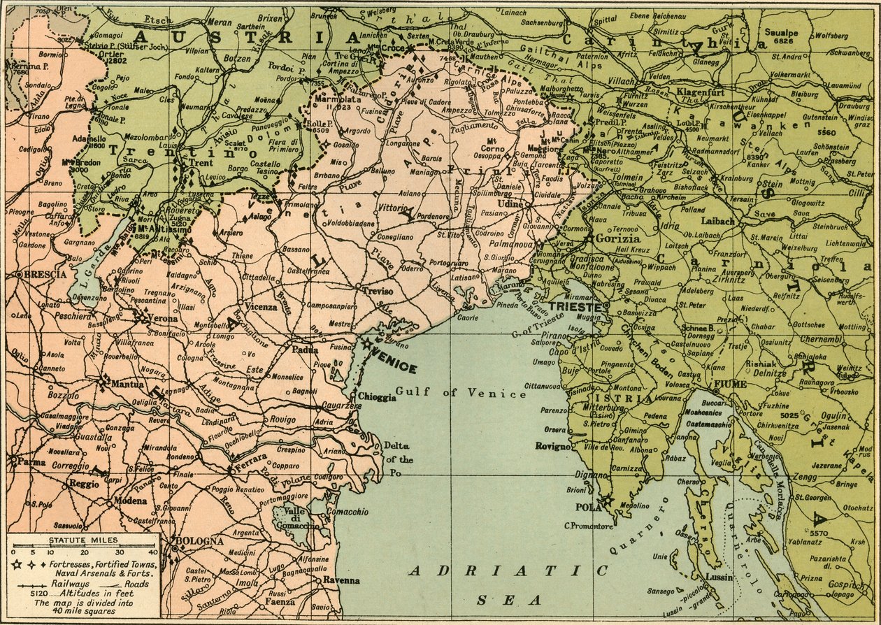 इतालवी लड़ मोर्चा, 1919 का नक्शा। द्वारा जॉर्ज फिलिप एंड सन लिमिटेड