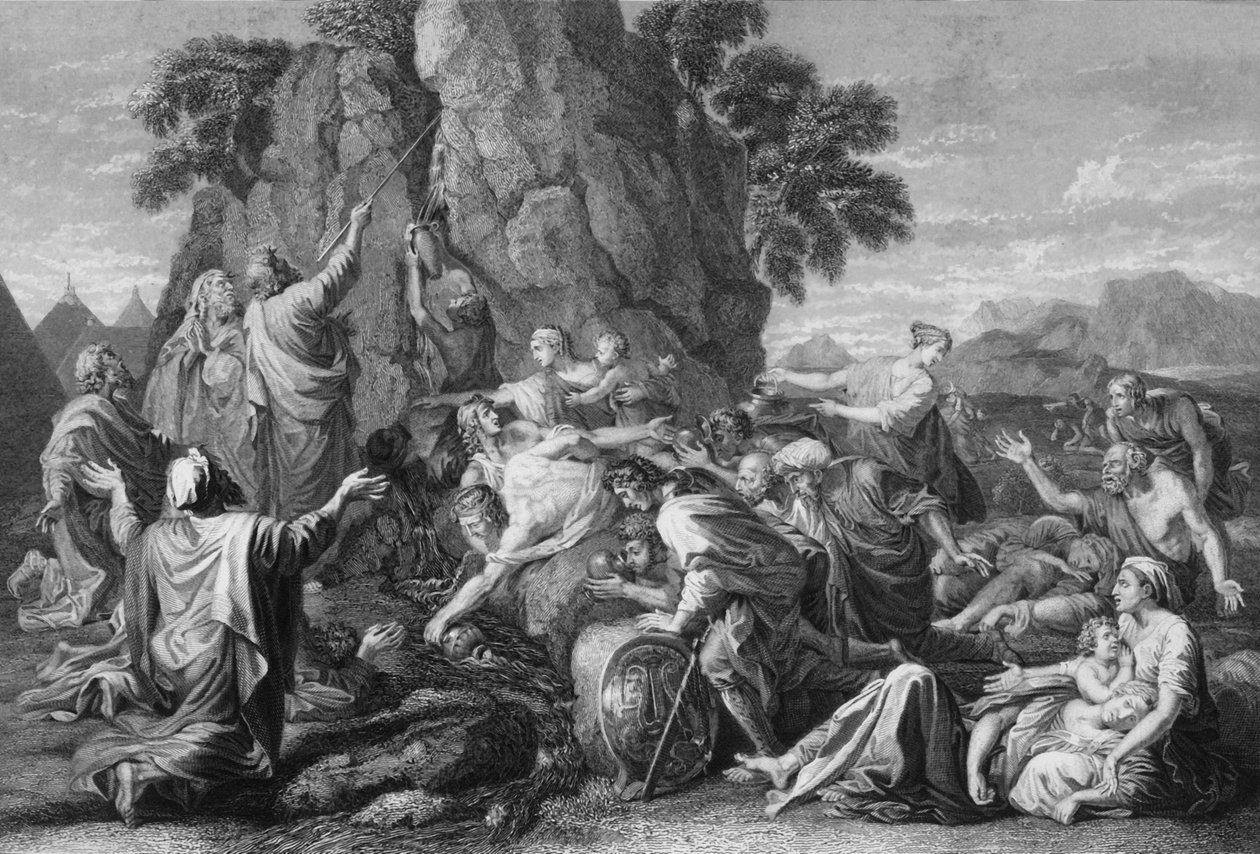 मूसा ने चट्टान को दो बार हिलाया, और पानी बहुतायत से, 1840 से बाहर आया। द्वारा जॉर्ज प्रेस्बरी