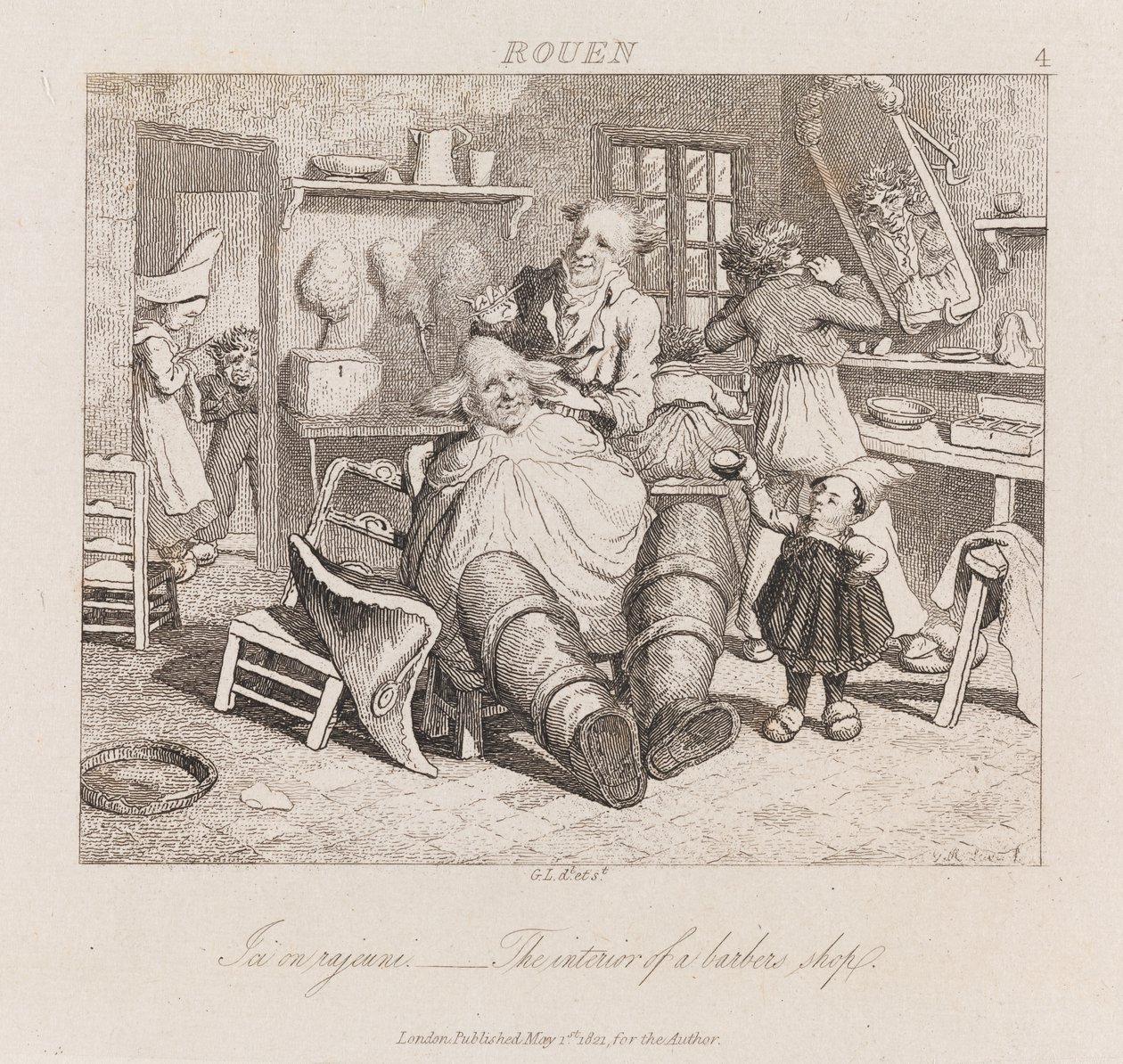 नाई की दुकान, रूवेन, c.1821 (नक़्क़ाशी) द्वारा जॉर्ज रॉबर्ट लुईस