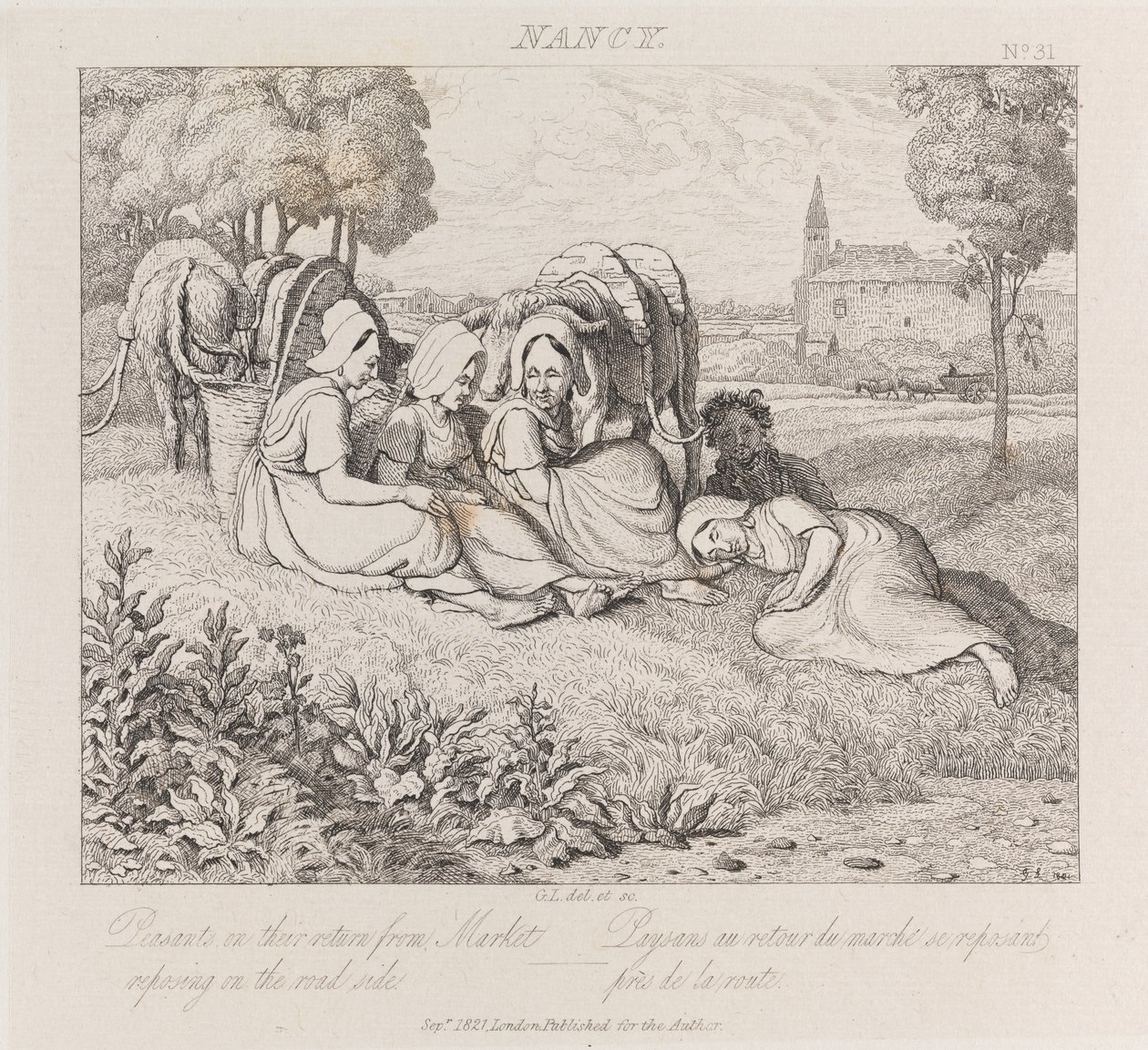 किसानों को बाजार से लौटते हुए, नैन्सी, c.1821 (नक़्क़ाशी) द्वारा जॉर्ज रॉबर्ट लुईस