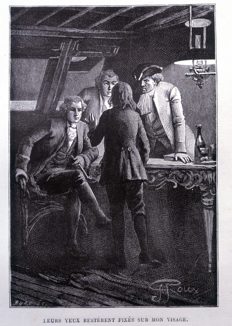 शिप स्क्वायर में कहानी का दृश्य: डॉ. लिव्से और शेवेलियर ट्रेलावने के सामने युवा जिम हॉकिन्स - जॉर्जेस रॉक्स द्वारा स्टीवेन्सन के "ल'इल औ ट्रेसर" में, एड। हेत्ज़ेल द्वारा जॉर्ज रॉक्स