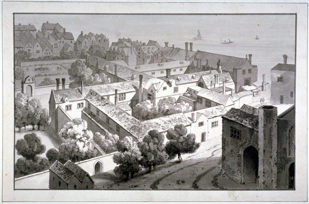 विंचेस्टर के महल, साउथवार्क, लंदन के बिशप का विहंगम दृश्य, c1820। द्वारा जॉर्ज शेफर्ड