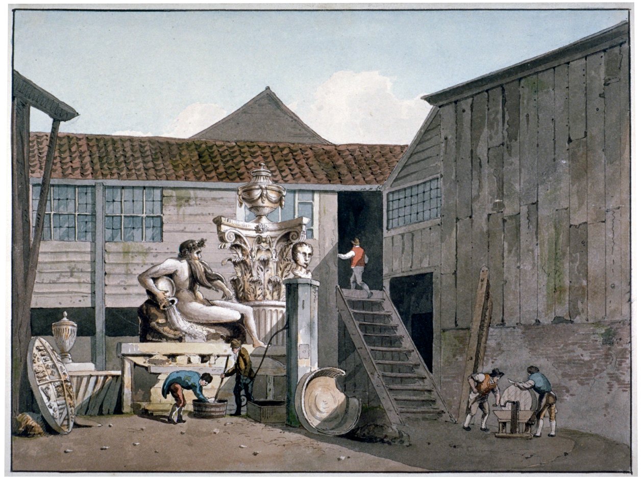 नैरो वॉल स्ट्रीट, लैम्बेथ, लंदन में कोडे स्टोन फैक्ट्री यार्ड, c1800। द्वारा जॉर्ज शेफर्ड