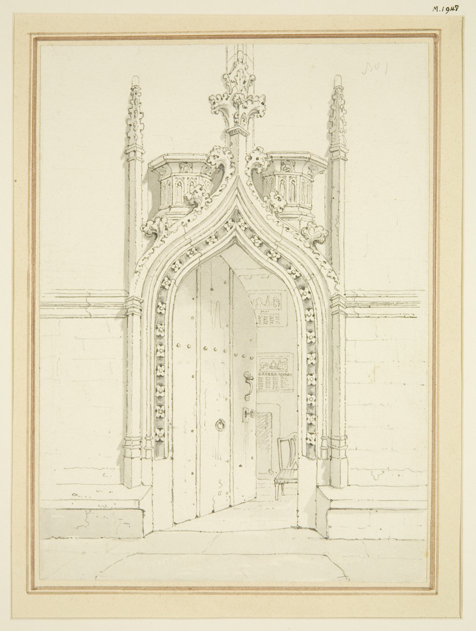 सेंट मैरी रेडक्लिफ के वेस्ट्री रूम का द्वार, c.1812 (कागज पर पेंसिल और वॉटरकलर) द्वारा जॉर्ज शेफर्ड