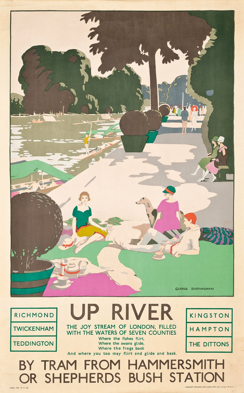 "अप रिवर", लंदन ट्रांसपोर्ट पोस्टर, 1926 द्वारा जॉर्ज शेरिंघम