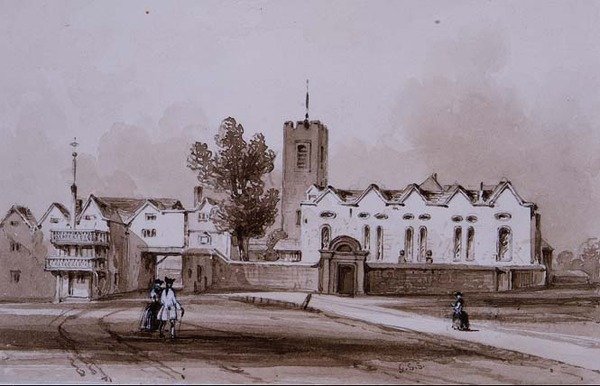 हाईगेट स्कूल और चैपल, c.1840 (सीपिया स्याही में ड्राइंग धोएं) द्वारा जॉर्ज सिडनी शेफर्ड