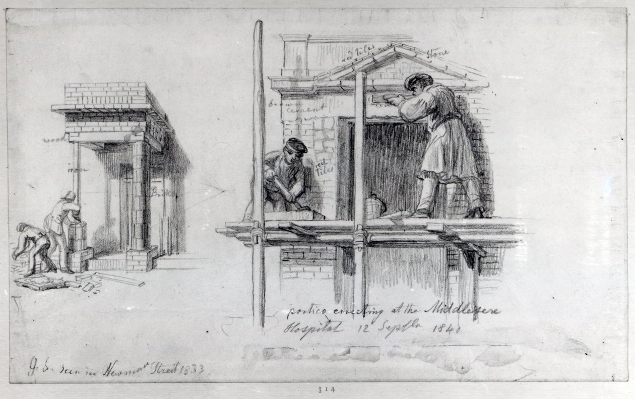न्यूहैम स्ट्रीट और मिडलसेक्स अस्पताल, लंदन, 1833 और 1840 में पोर्टिकोस का निर्माण द्वारा जॉर्ज Snr तीव्र