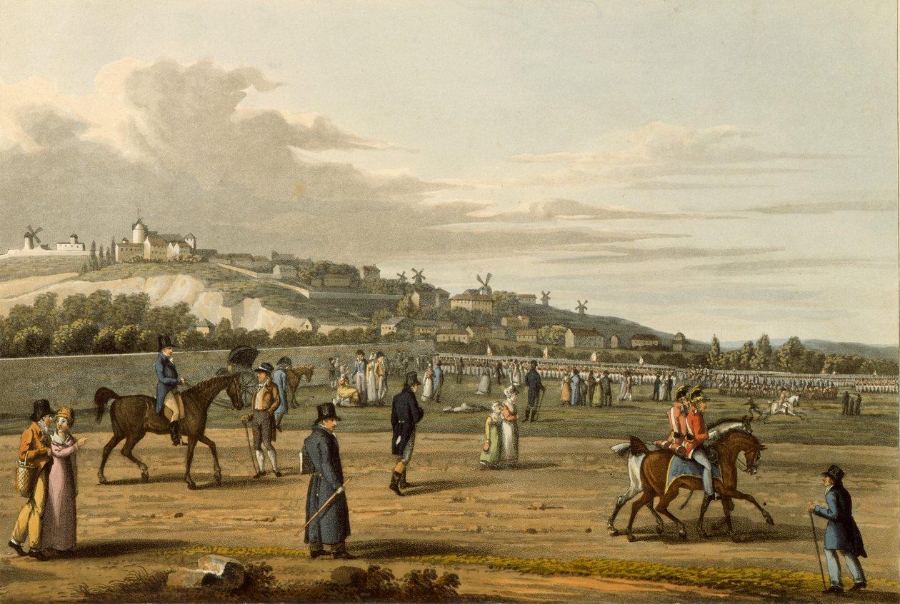 ड्यूक ऑफ वेलिंगटन, 21 अक्टूबर 1815 को मोंटमार्ट्रे में इंग्लिश ट्रूप्स की समीक्षा, एम। डबर्स द्वारा लिखित, 1817 द्वारा स्कार्फ के बाद जॉर्ज एसएनआर